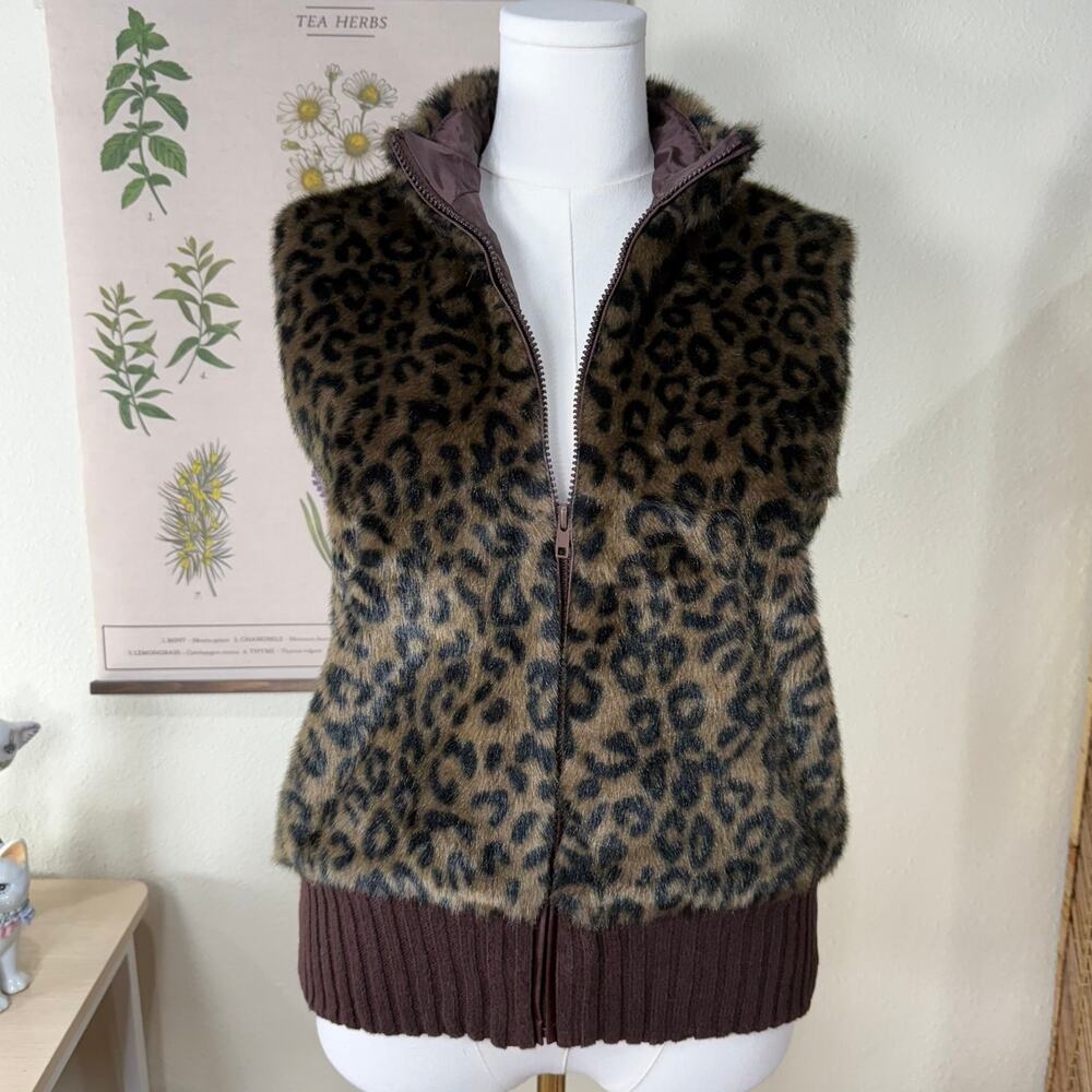 Y2k Faux Fur Leopard Print Full Zip Vest Trashy Gyaru Indie Sleaze Mob Wife XL